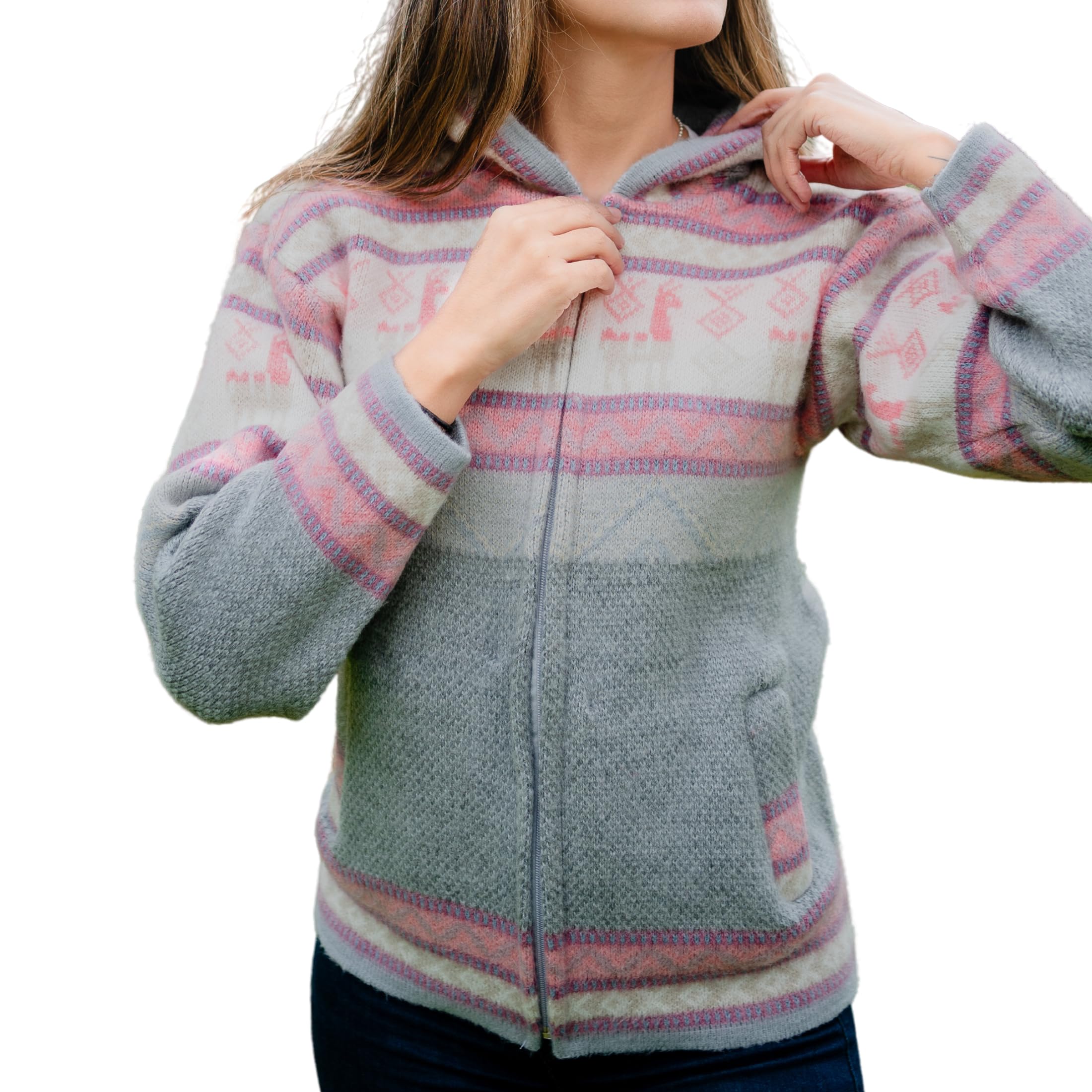 Womens Alpaca Zip Up Hoodie Sweater – Soft Warm Knit Jacket with Hood – Boho Winter Cardigan for Women