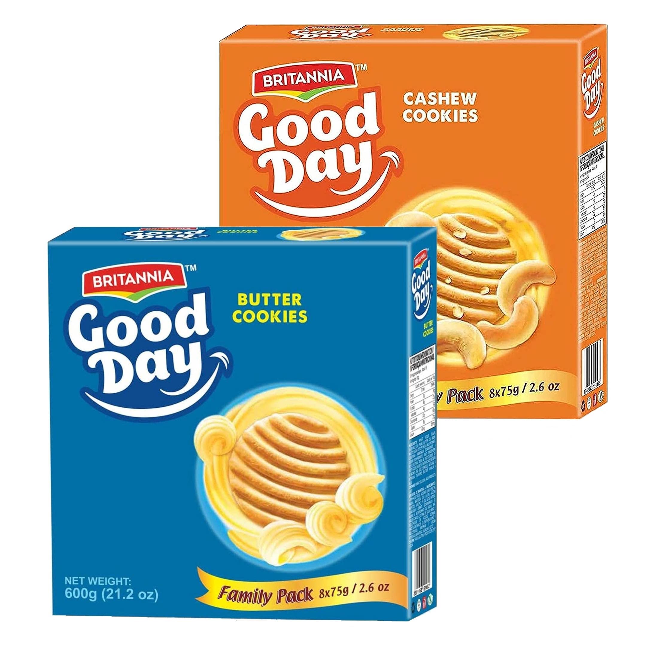 Britannia Good Day Cashew & Butter 21.2oz (600g) Combo Pack - Breakfast & Tea Time Snacks - Delicious Grocery Cookies (Pack of 1 Each)