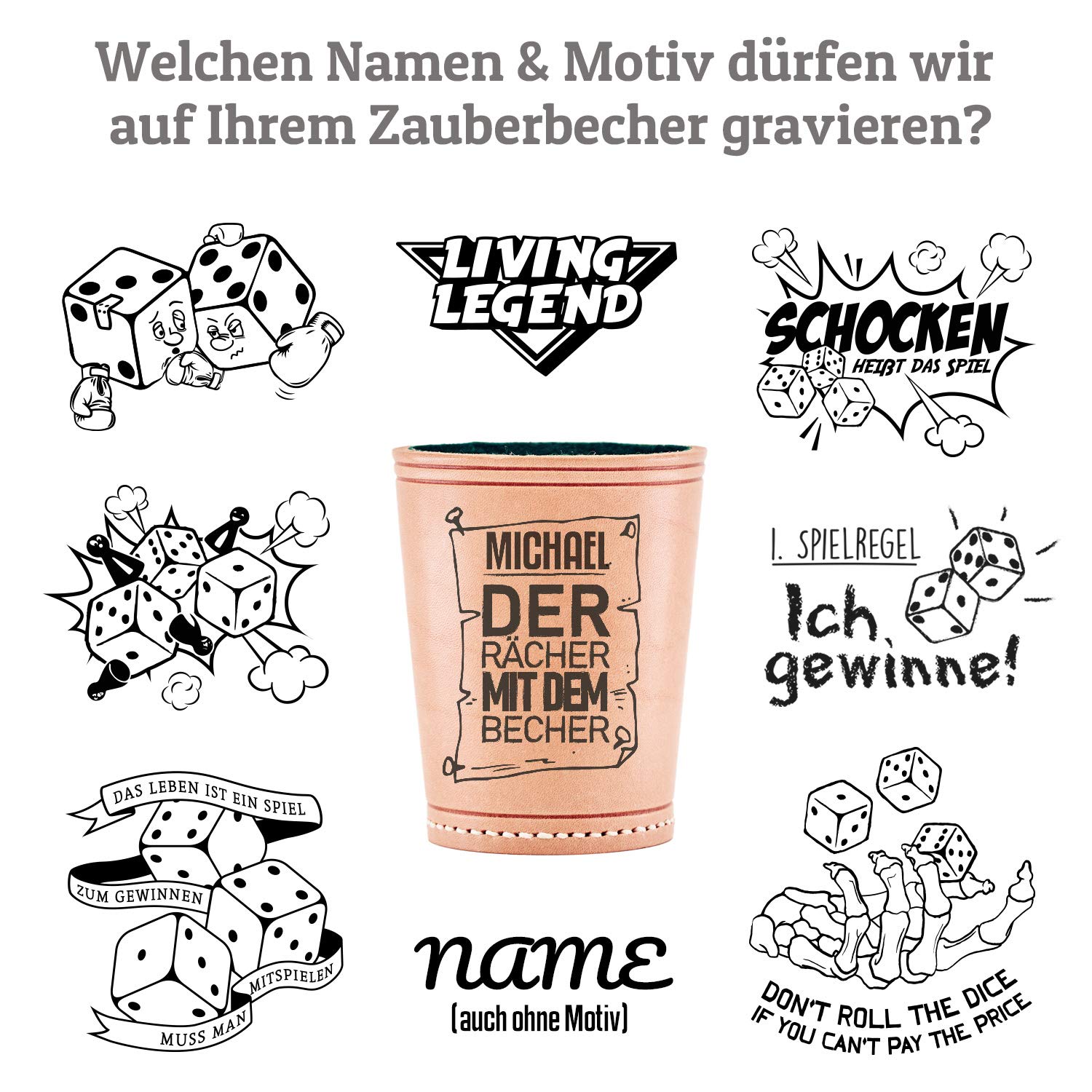 Premium Würfelbecher mit Gravur + 5 Würfel - Personalisiert mit Name + ein Motiv - Knobelbecher Made in Germany - echtes Leder und Filz innen für leises Würfeln