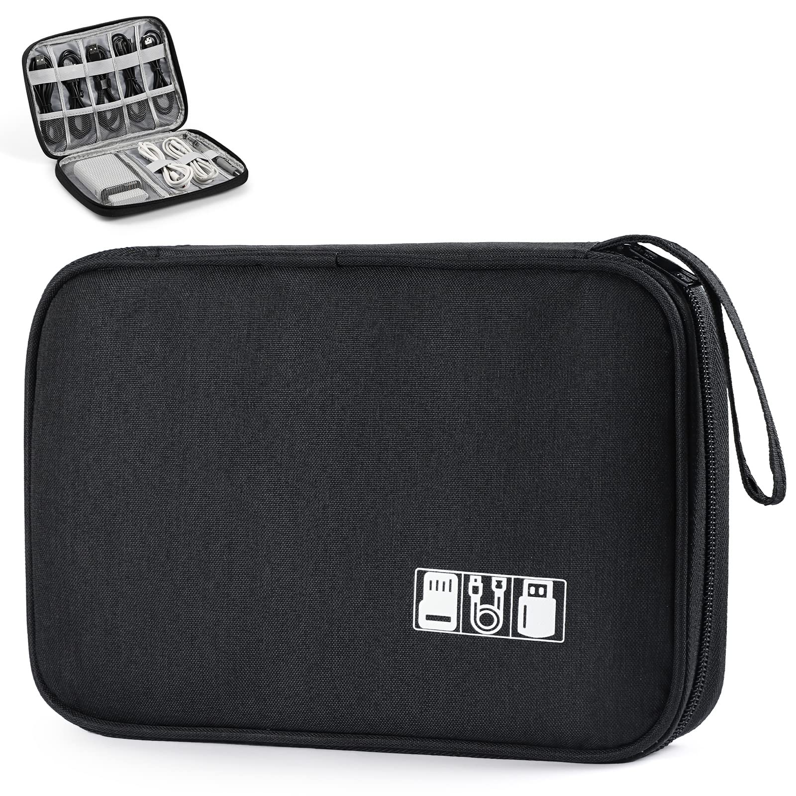 KignioteCable Bag Organiser,Cable Travel Organiser Double-Layer Electronics Bag Waterproof Cable Tidy Bag Travel Gadget Bag for Cables Power Bank USB Drive Flash Disk Charger SD Card (Black)