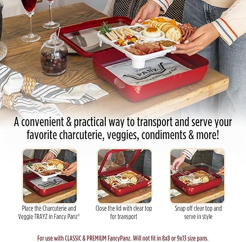 Vista 29 de Fancy Panz Bandeja clásica para servir alimentos, fabricada en los Estados Unidos, soportes apilables de aluminio con tapa transparente, cazuela