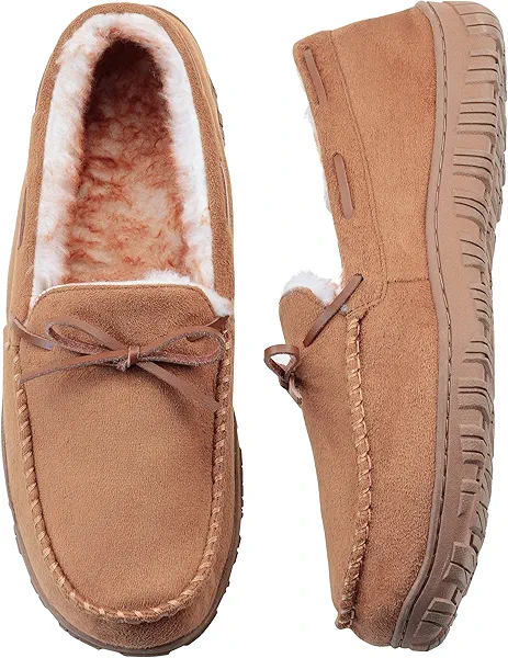 VLLy Mens Moccasin Slippers with Memory Foam Arch Support, Non Slip Rubber Sole House Shoes for Men Machine Washable Warm Fleece Lined Indoor Outdoor Home Shoes