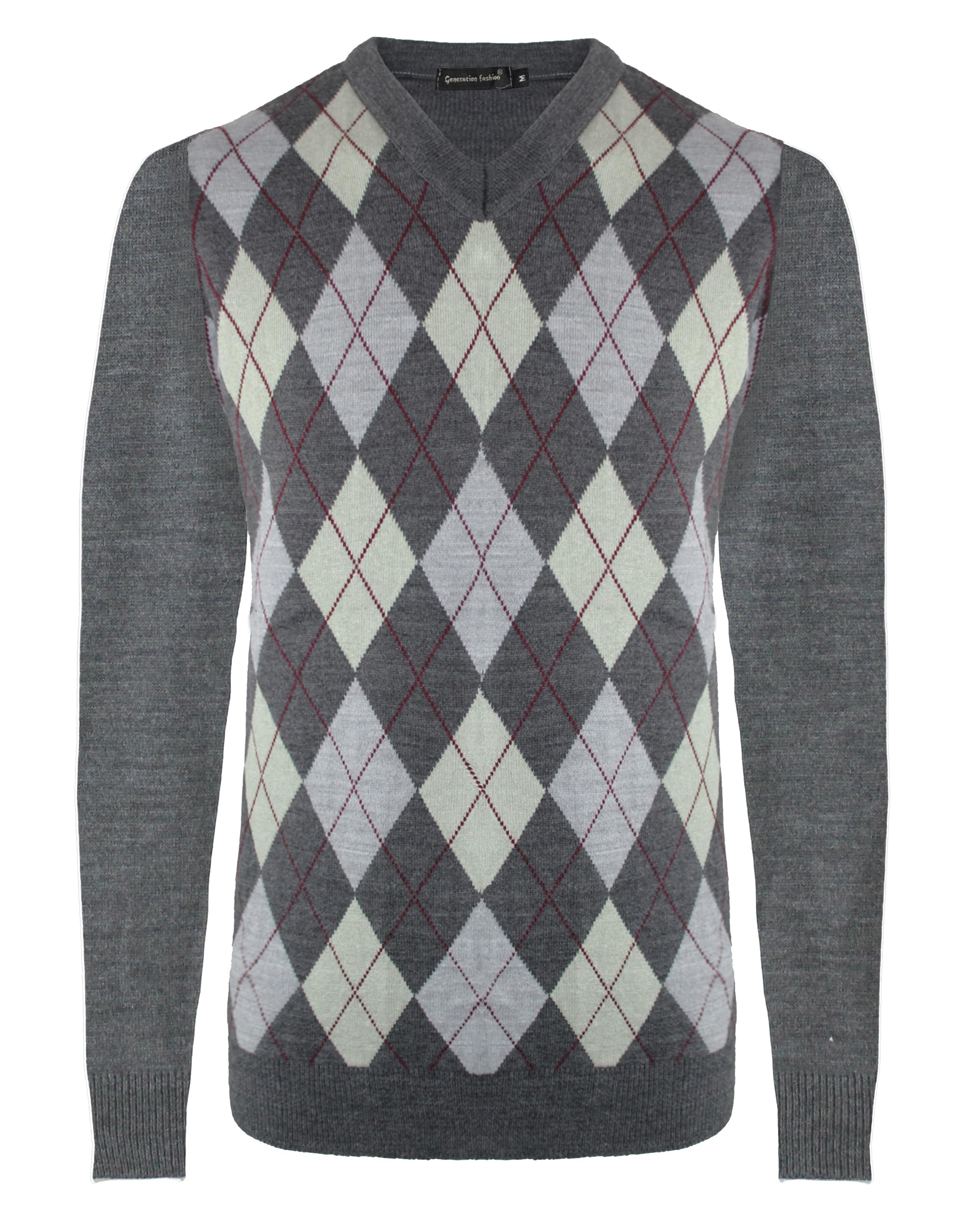 Generation Fashion New Men Knitted Long Sleeve V-Neck Argyle Pattern Jumper Top Sweater with Ribbed Edge S-XXL[Charcoal-Mist,XXL ]