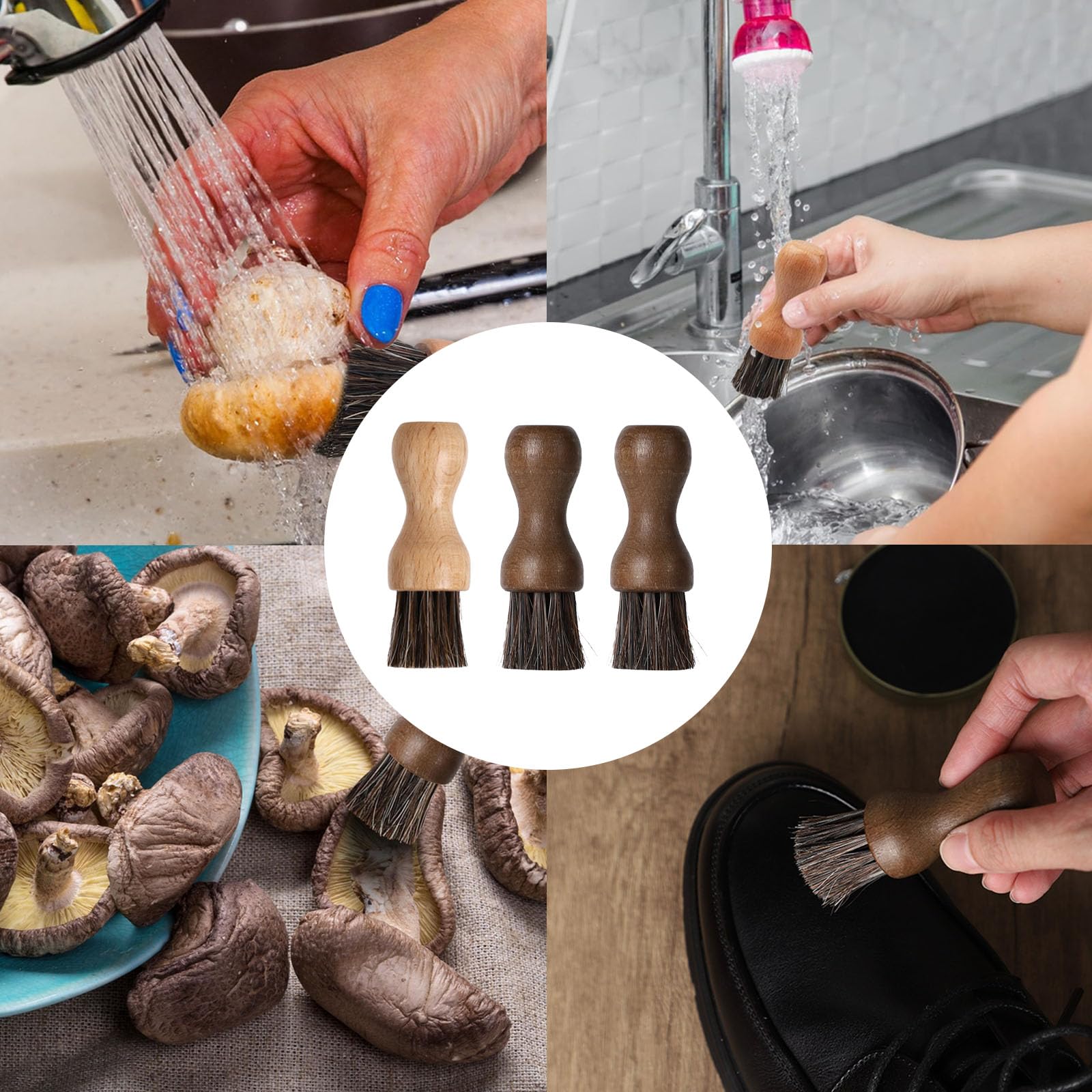 Vauki 3 cepillos de champiñones, cepillo para verduras, cepillo para setas, rebozuelos, cepillo de patatas, cepillo para lavar madera, cepillo de verduras, cerdas naturales para platos, ollas