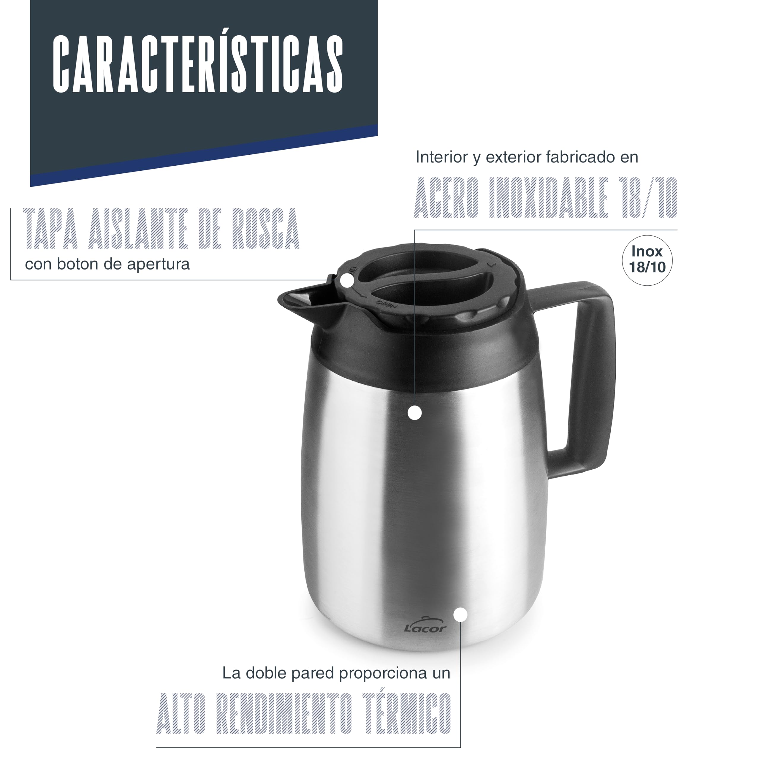 Lacor 62712 - Servidor Termo Wide, 2 L, Acero Inoxidable Doble Pared
