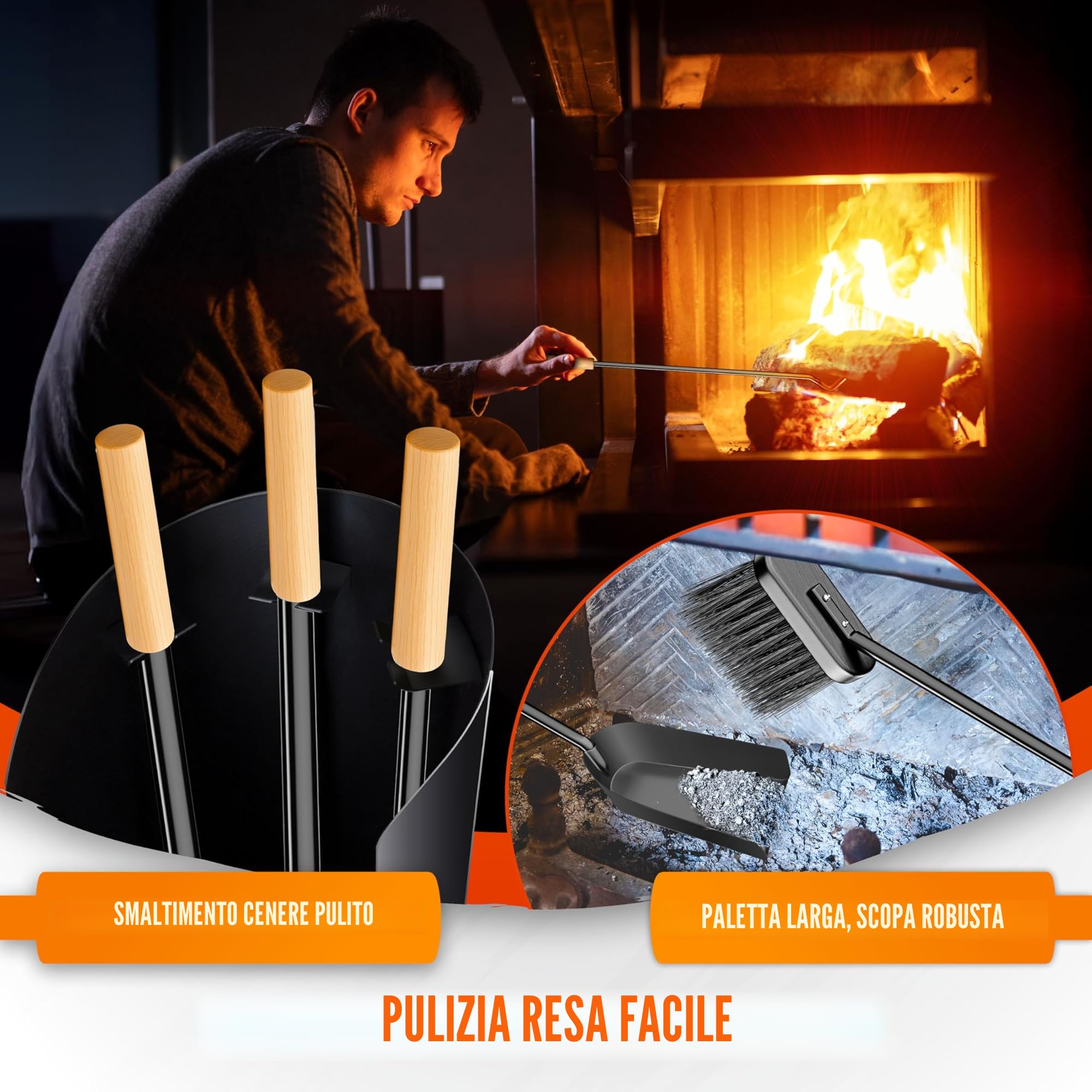 KESSER® Accessori per camino Kit camino da 4 pezzi - design moderno, rivestito, Set per caminetto di alta qualità composto da 4 pezzi: scopino, paletta, attizzatoio, supporto acciaio, manici,Antracita