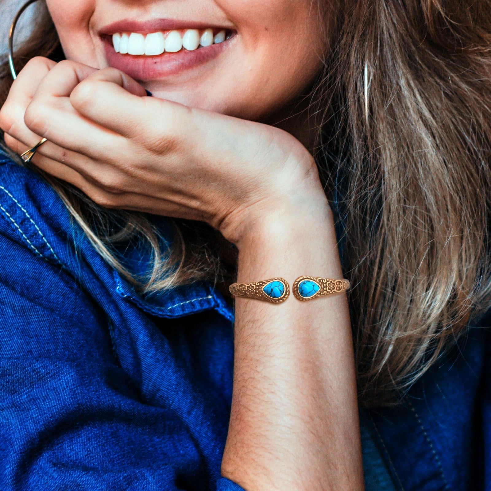 Barrette magnétique en cuivre pour femme - Bracelet magnétique avec 6 aimants puissants - Fleur vintage - Bracelet en cuivre avec 2 turquoise