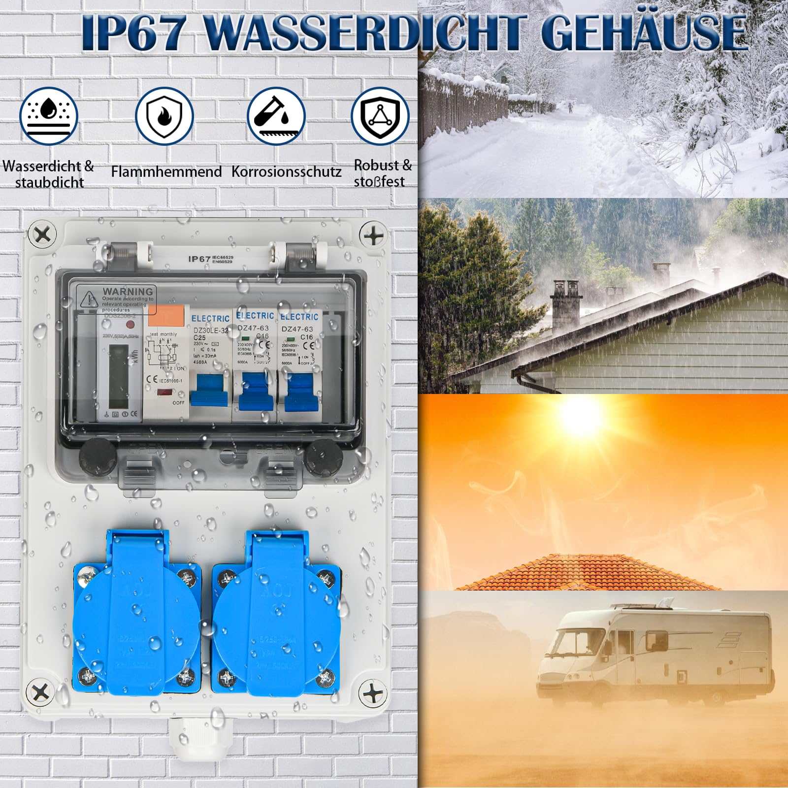 Warmfay Distribuidor de pared precableado, distribuidor de corriente para construcción con interruptor FI, interruptor LS y contador de electricidad, 2 enchufes Schuko de 230 V, carcasa impermeable