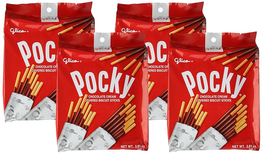Glico Pocky, Chocolate Cream Covered Biscuit Sticks (9 Individual Bags), 4.13 oz (Pack of 4) - Chocolate - 3.81 Ounce (Pack of 4)