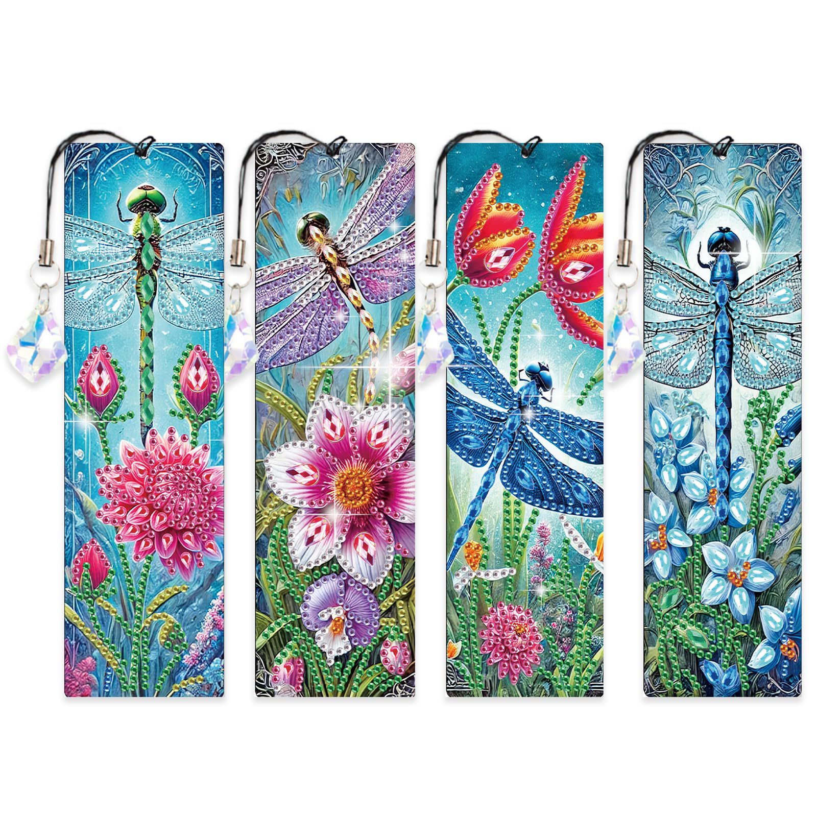 4 PCS Diamond Art Painting Bookmarks, 5D DIY Diamond Bookmark Art Projects with Crystal Pendants Bookmark Special Shape for DIY Making Beginners Adult Arts Craft Supplies for Adults Kids