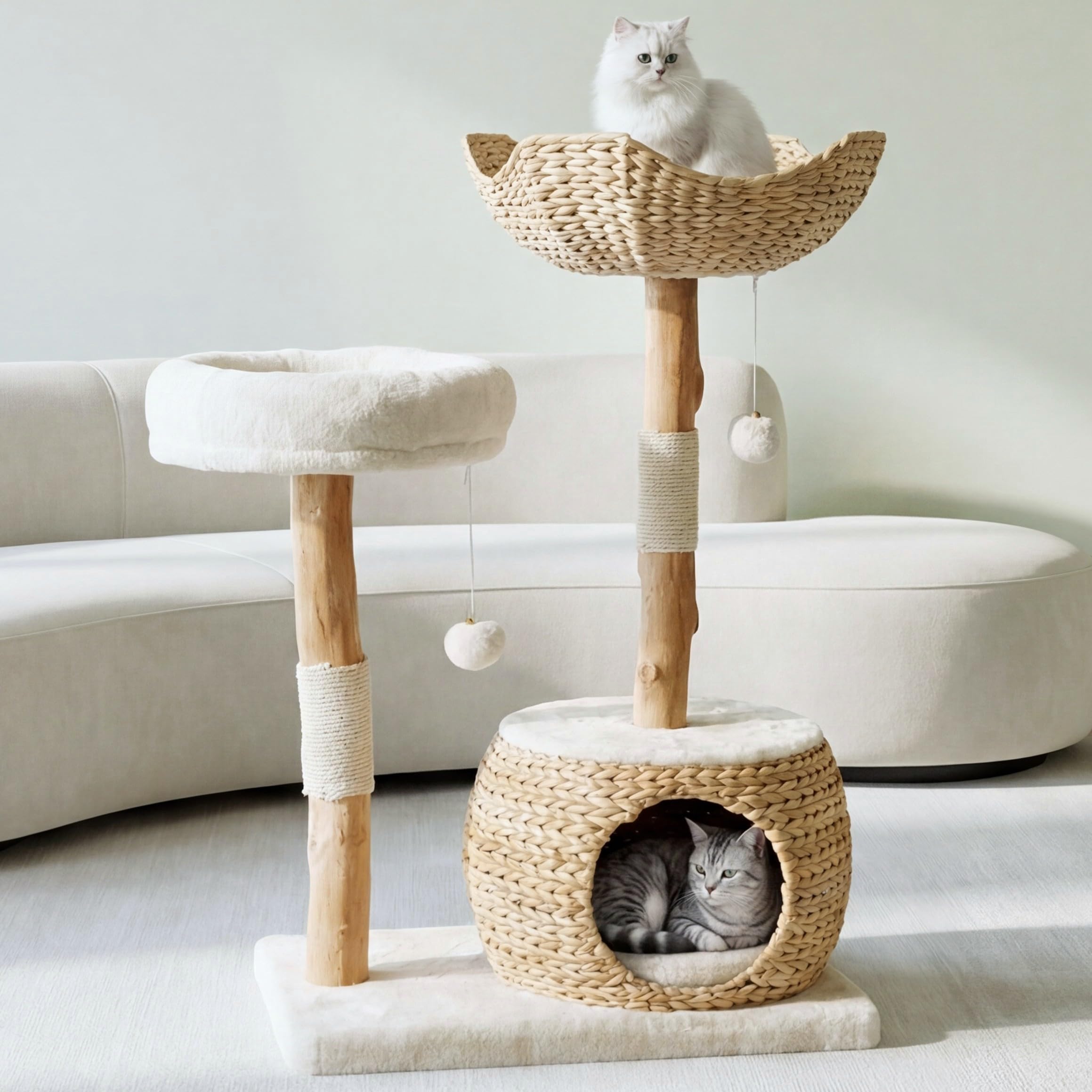 Leo & Lexi Modern Cat Tree Tower with Cave, Real Wood Cat Scratching Post with Bed for Indoor Cats Large Adult, Solid Wooden Climbing Tower, Cute