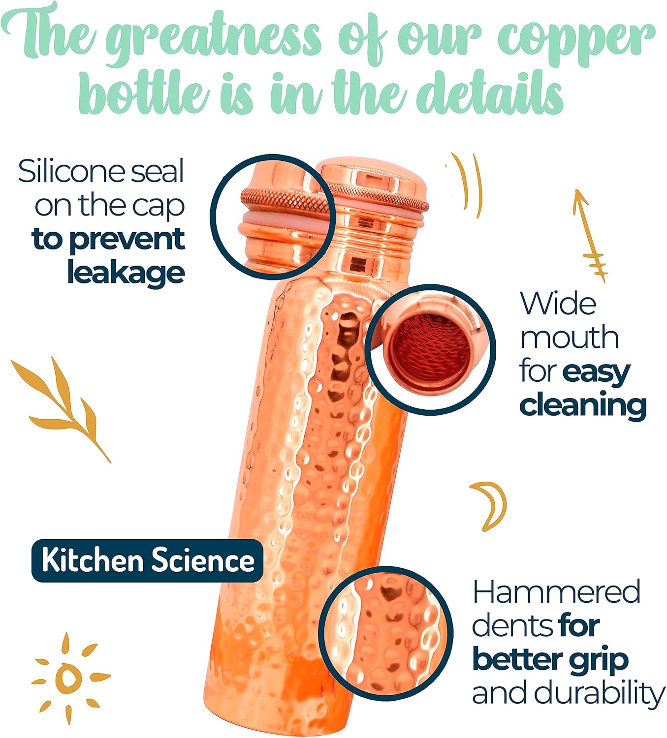 Copper Water Bottle (34oz/1000ml) w/a Carrying Canvas Bag | 100% Pure Copper Bottle for Drinking Water | Lab-Tested, Heavy Duty & Leak-Proof | Authentic Ayurvedic Copper Water Bottle - Image 3