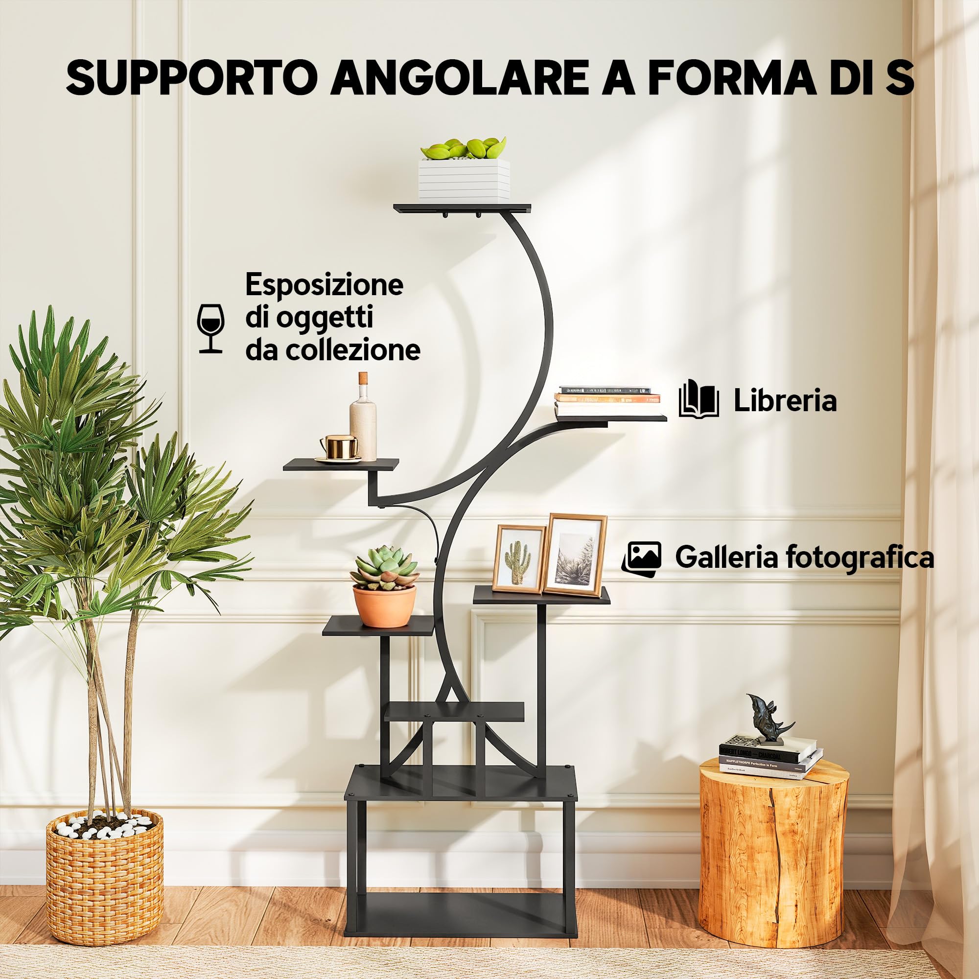 Outsunny Porta Piante a 8 Ripiani a Forma di S Portavasi 74x26x158.5cm Nero | Metallo, Portavasi da Interno ed Esterno, Giardino, Balcone, Patio, Soggiorno
