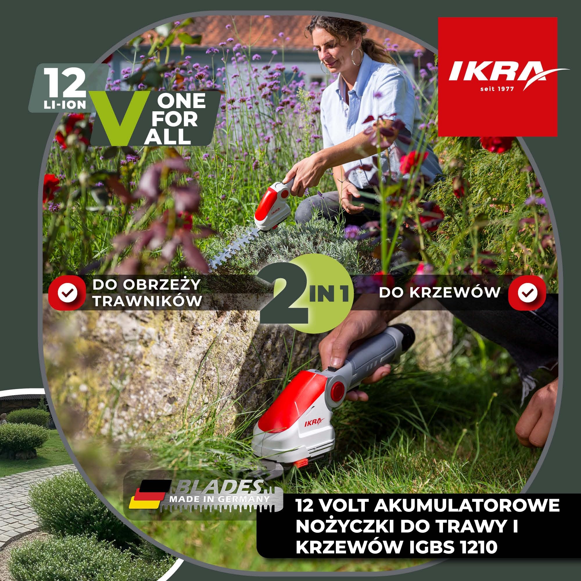 IKRA Nożyce akumulatorowe 2w1 do trawy i krzewów IGBS 1210 torba w zestawie | Akumulator 12V i ładowarka w zestawie, 7-stopniowa regulacja uchwytu,ostrze Made in Germany,kompatybilność IKRA 12V
