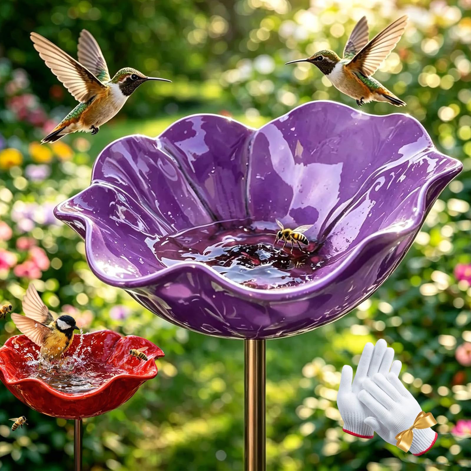 2026 New Handmade Metal Flower Garden Stake, Metal Flowers For Garden, sMetal Flower sGarden Stake Bird Feeder, Flower Bird Bath Ground Plug Design, Yard Decor (2 Purple)