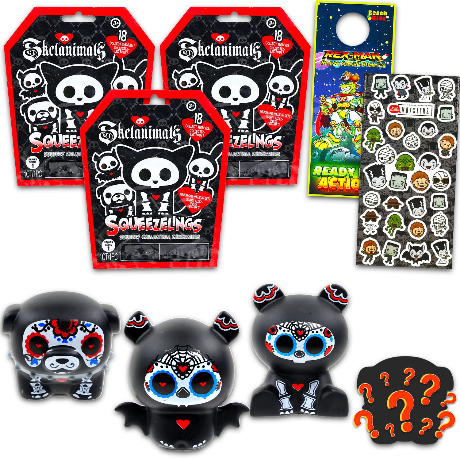Skelanimals Squeezling Blind Bag 3 Pack - Bundle with 3 Skelanimals Squeezling Foam Figures Plus Stickers, More | Skeleton Animal Party Favor Toys for Kids