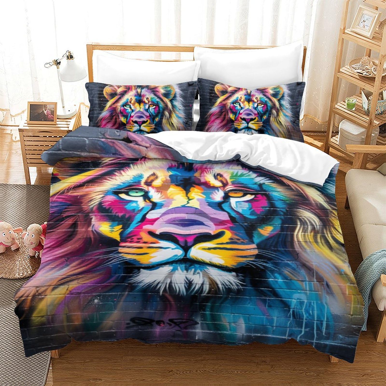 Lion Duvet Cover Set Bedding Set 3D Microfiber Comforter Cover with Pillow Shams, 2 Piece Set, Zipper Quilt Cover Single（140x200cm）