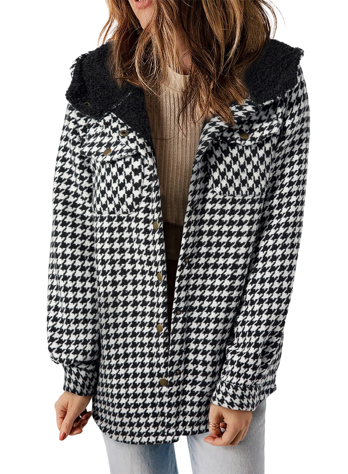 Womens Plaid Shacket Jacket Warm Fleece Hooded Jackets Winter Coats