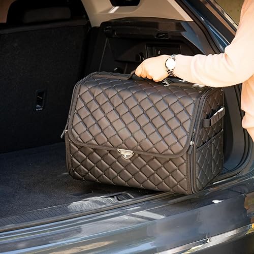 Miniatura 6 de Organizador de maletero de cuero con tapa para SUV y más, organizador plegable para automóvil, organizador de automóvil y almacenamiento con