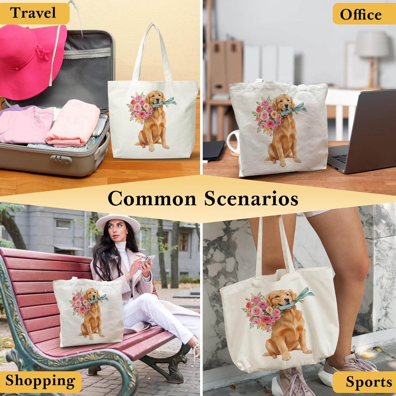 Dog Tote Bag, Golden Retriever Gifts, Puppy Gifts Bag For Women, Doggie Totes For Dog Lovers, Grocery Canvas Shopping Bags For Women, E04 - Image 2