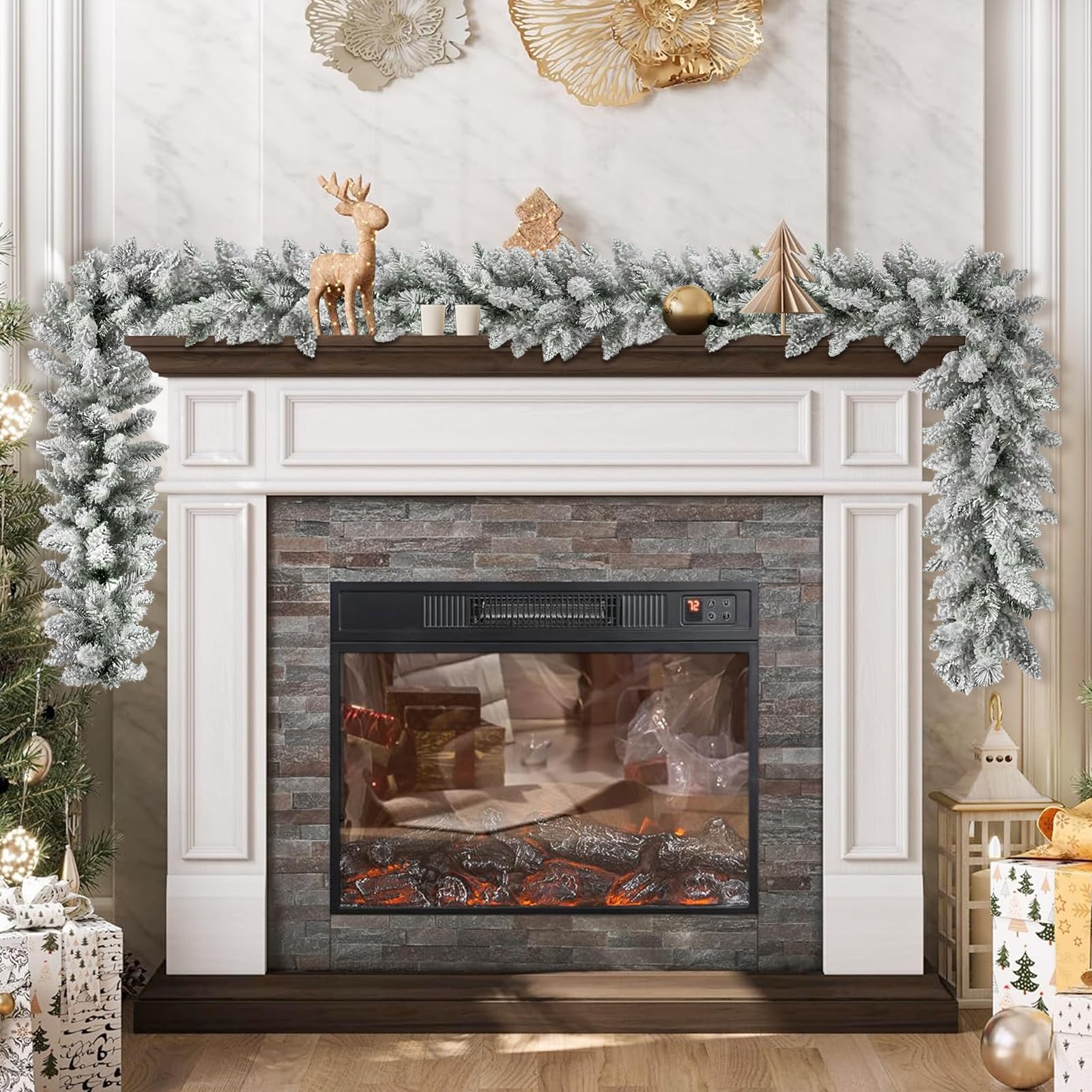 KOIUEYW Guirlande de Noël artificielle à paillettes avec LED chaudes pour cheminée, escaliers, décoration de fête en plein air, neige floquée - 2,7 m