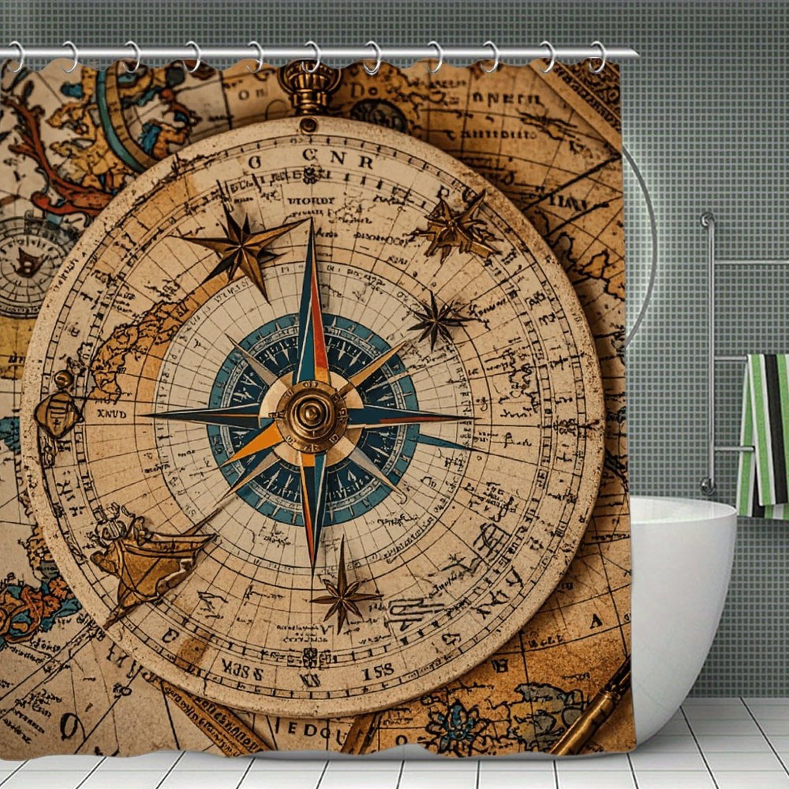 QMNLKH Compass and Old World Map Shower Curtain with Hooks, Waterproof Bath Curtains for Bathroom, Lightweight Bath Curtains Liner for Hotel, Personalized Bath Curtain for Spa, 70.8 Inch
