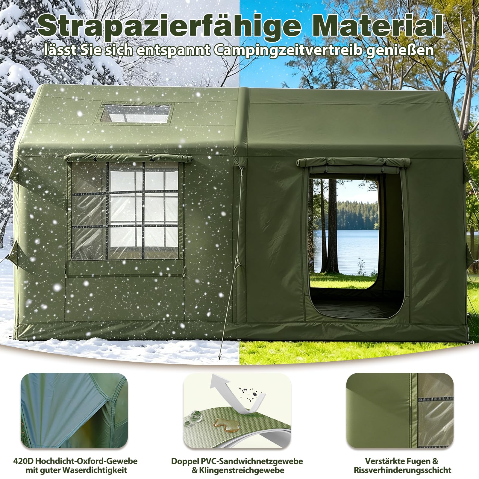 2-10Personen Aufblasbares Gampingzelt mit Oberlichter&Kaminöffnung, 420D Oxford Outdoor Familien Hauszelt Zelt, 4Jahreszeiten, wasserdichte, Ventilationssystem