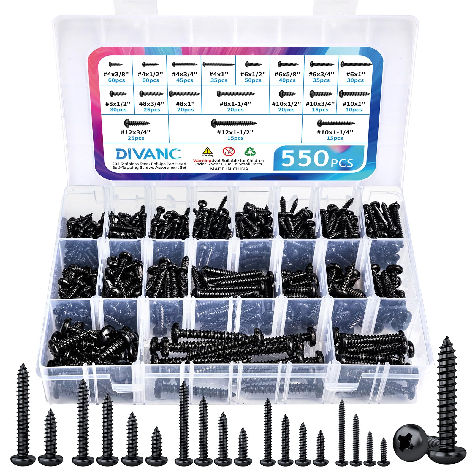 Kit assortito di 550 viti per legno in acciaio inossidabile 304 nero, viti autofilettanti a testa cilindrica Phillips, viti autofilettanti per legno, #4#6#8#10#12 (testa a testa piatta nera