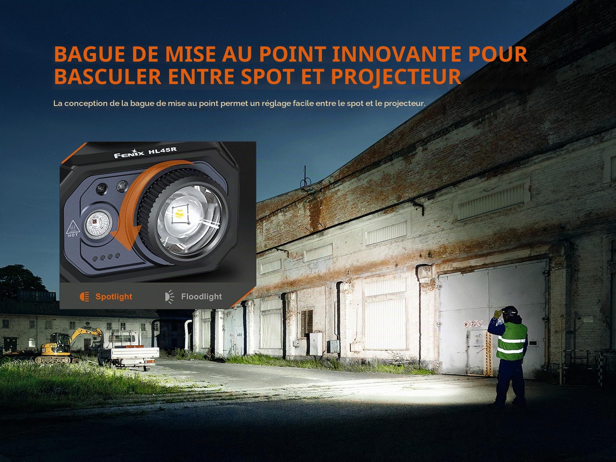 FENIX HL45R Lampe frontale rechargeable pour extérieur/travail/multifonction | 1000 lumens | 220 m | 124 heures maximum | Faisceau principal blanc, prise en charge du faisceau rouge, contrôle rotatif