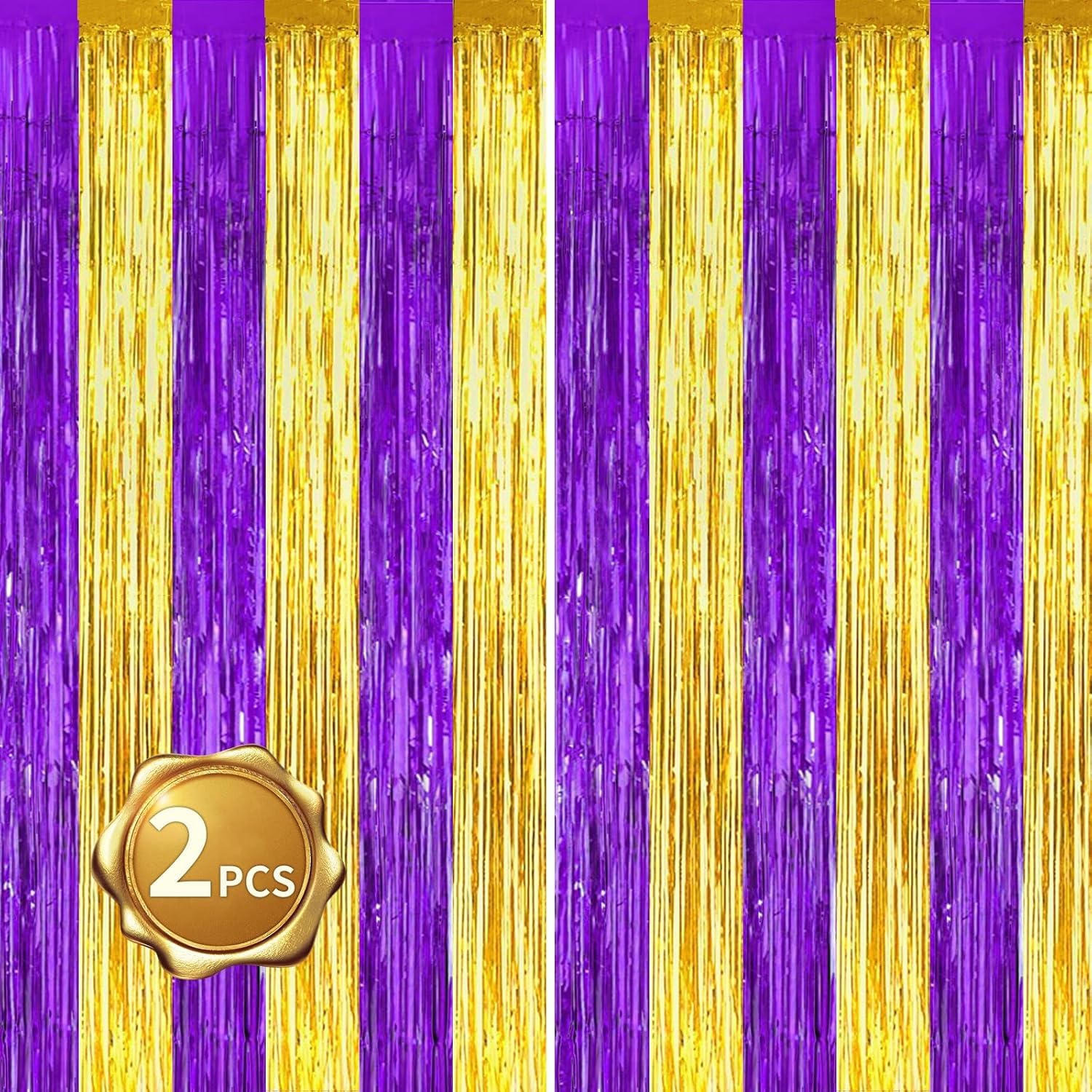 RIBBOOO 2 Pcs Purple Gold Foil Fringe Tinsel Curtains, Metallic Glitter Curtain, Door Streamers for Graduation Stage, Birthday Wedding Baby Shower, Christmas Party Decoration (3.28 ft x 6.56 ft)