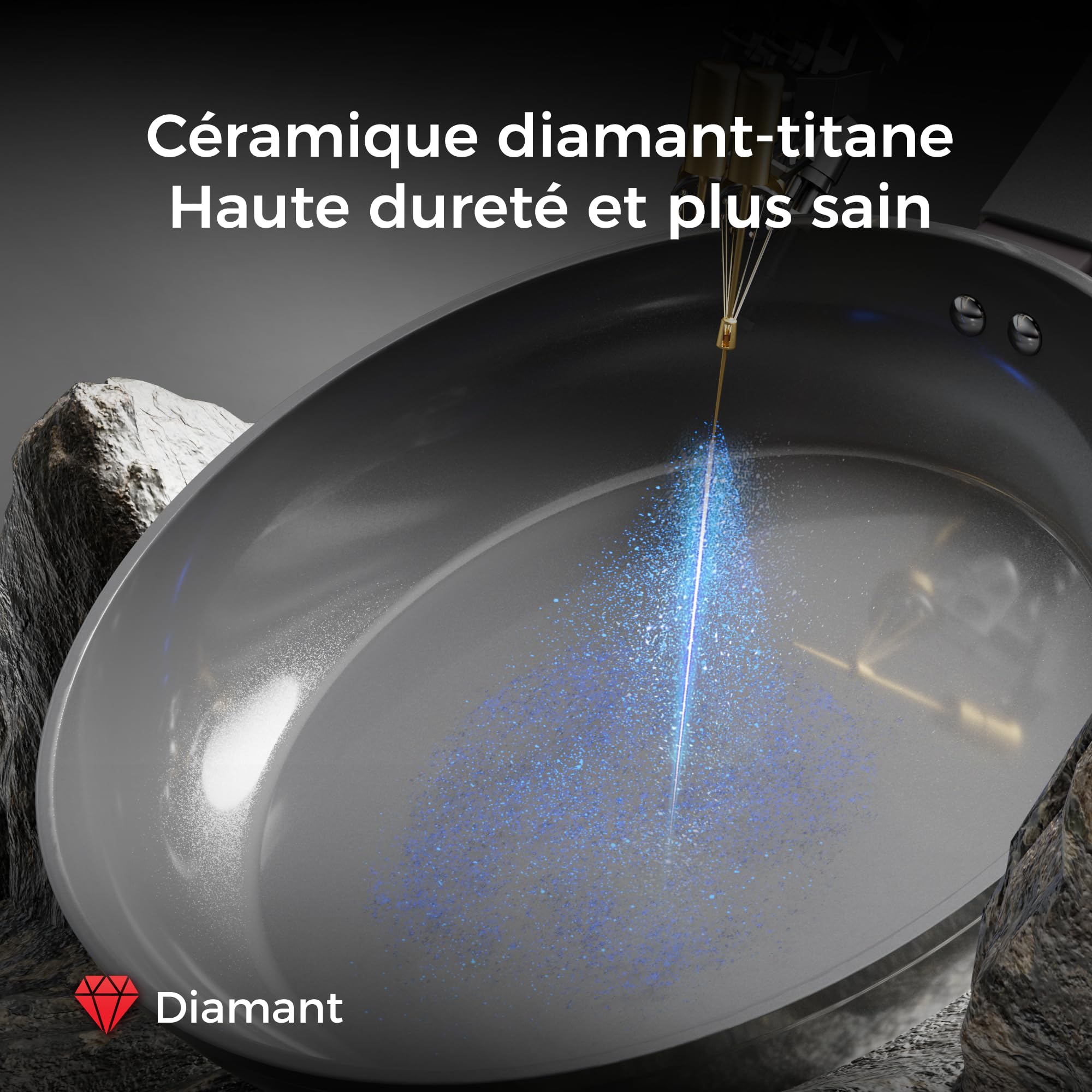 Sanho Set 3 poêles céramique 20/26/30cm | Revêtement diamant+titane antiadhésif | 100% sans PFAS/PFOA/PTFE | Toutes cuisinières | Manche bakélite anti-chaud, lave-vaisselle | Gris