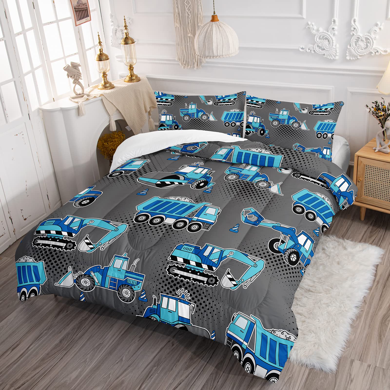 Boys Cartoon Car Bedding Set Twin Size - Kids Construction Vehicles Comforter for Children - Machinery Truck Set With 1 Comforter 2 Pillowcases - Construction Site Cars Duvet