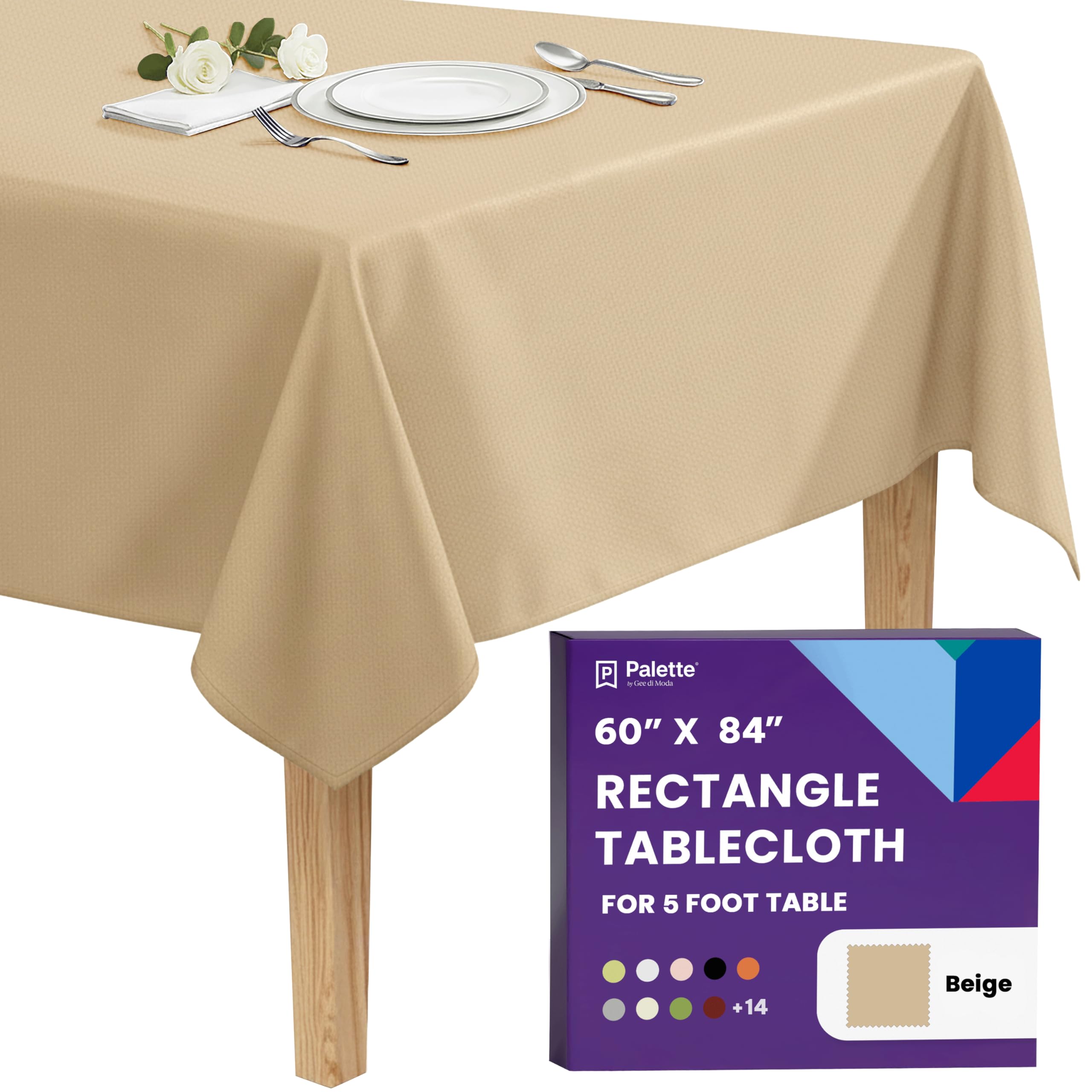 Gee Di Moda Rectangle Tablecloth - 60 x 84 Inch Beige Table Cloth for 5 Foot Rectangle Tables - Heavy Duty Washable Fabric - for Holiday Party, Dinner, Weddings, Baby Shower &amp; Events