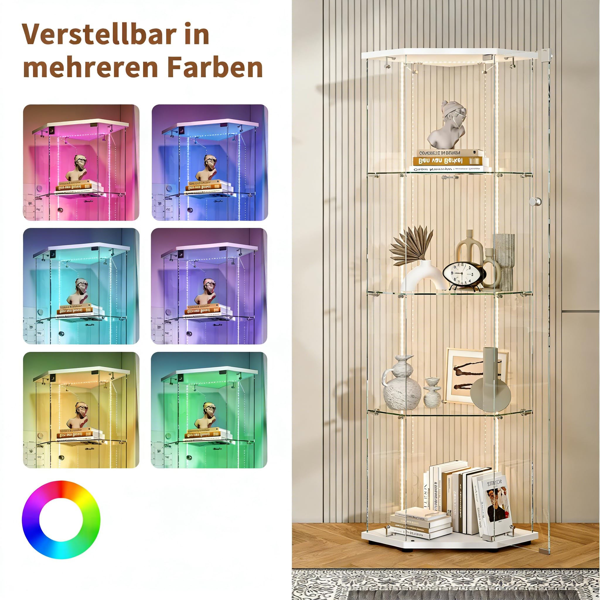 Vitrina de esquina con luz LED con cerradura de acrílico, 1 puerta y 4 estantes, estuche transparente de coleccionista para sala de estar y oficina, perfecto para coleccionables y libros