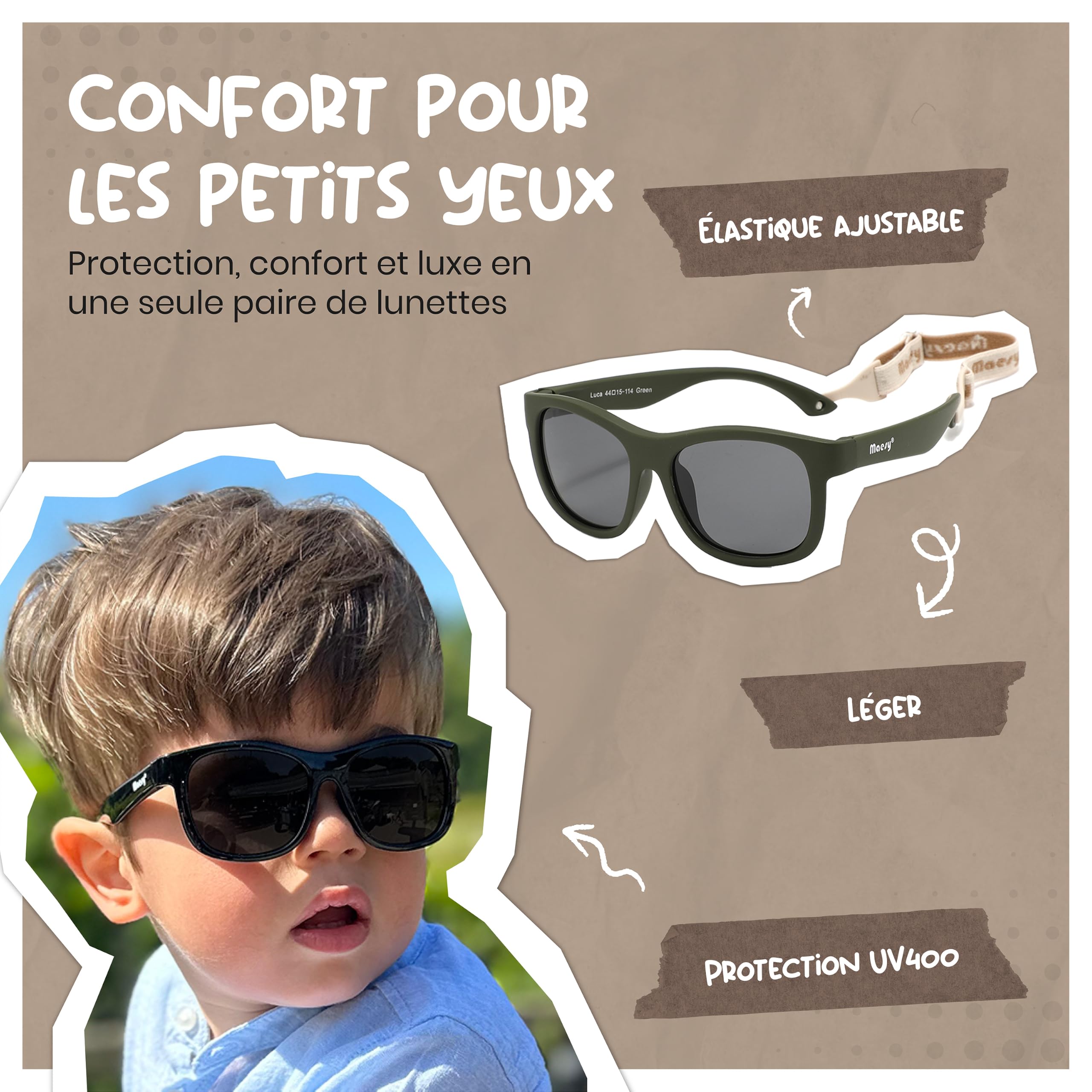 Lunettes de Soleil Bébé et Tout-Petit - 1-3 Ans - Protection UV400 Polarisée - Cadre Flexible et Pliable - Bande Élastique Réglable - Lunettes de Soleil Sûres et Confortables - Luca