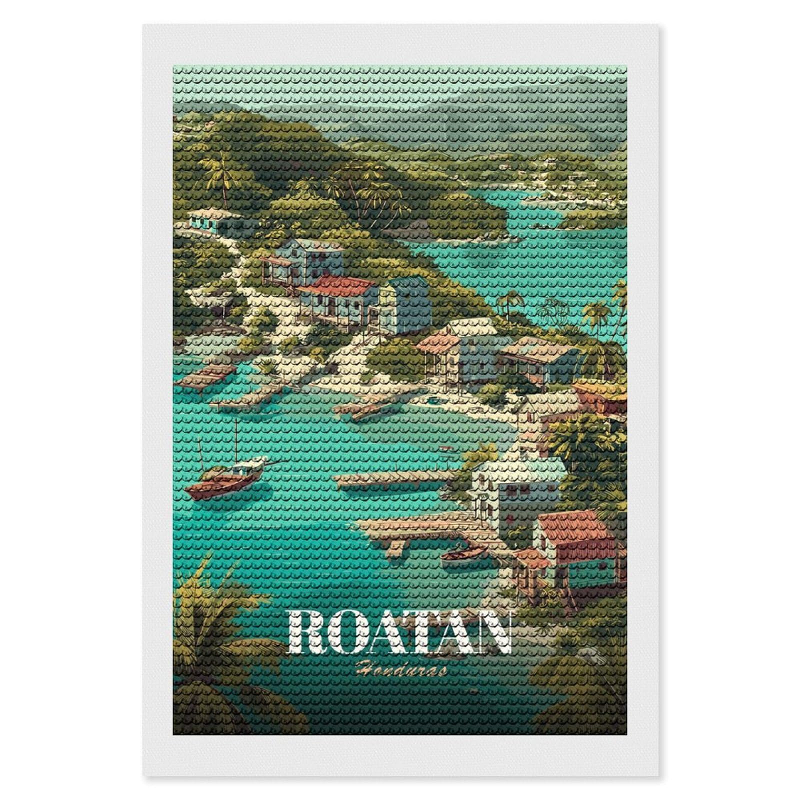 Junmoney Roatan Honduras Tropical Island Illustration DIY Diamond Art Canvas Kit 8"x12", Decorate Your Room, Sparkling Round Gems, Fun Craft Experience, Farmhouse Decor