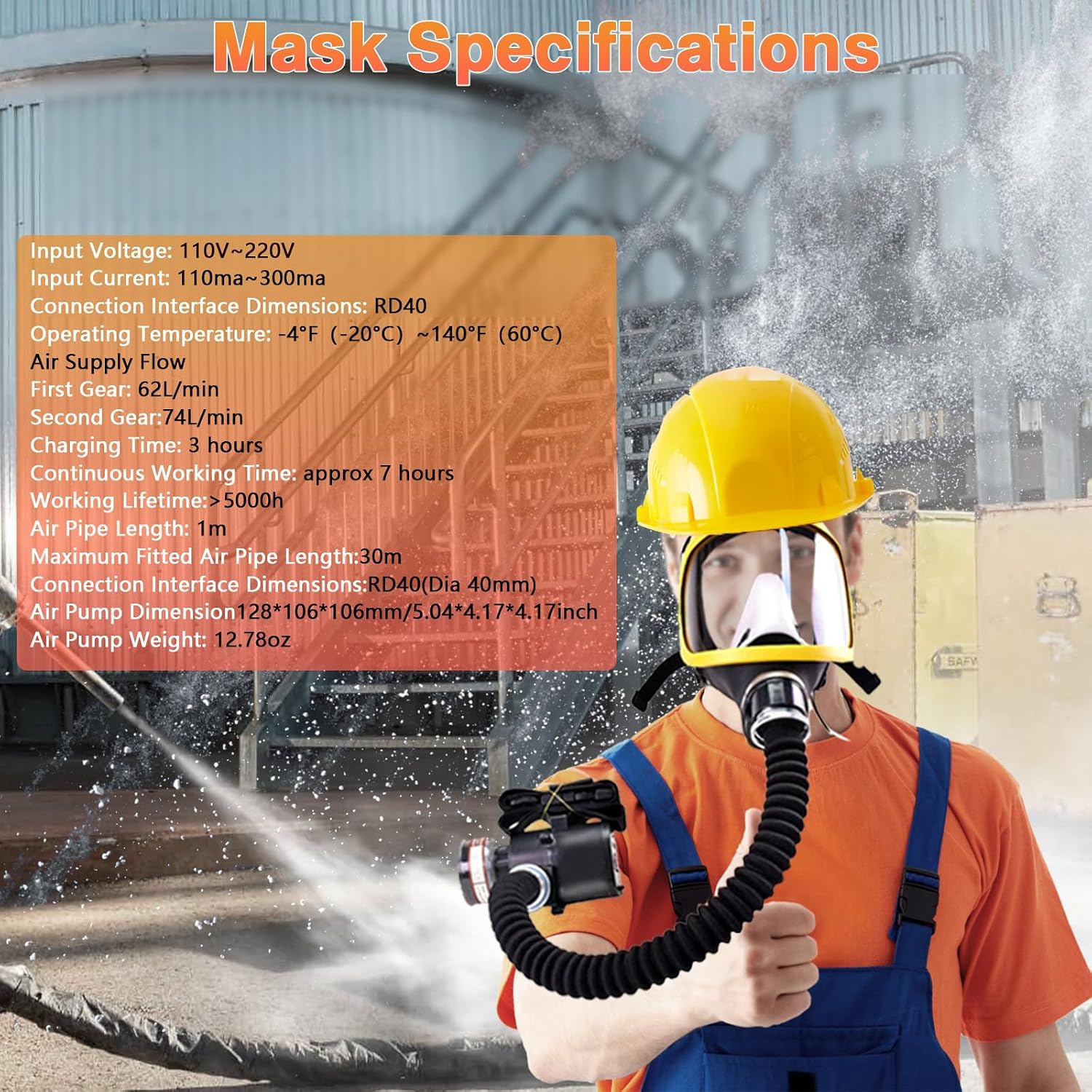 Reusable PAPR Respirator, Powered Air Purifying Respirator Gas Mask Filters, with 2 Breathing Hoses and 1 Filter, Supplied Air Mask for Industry, Gases, Vapors, Painting, Spraying, Welding