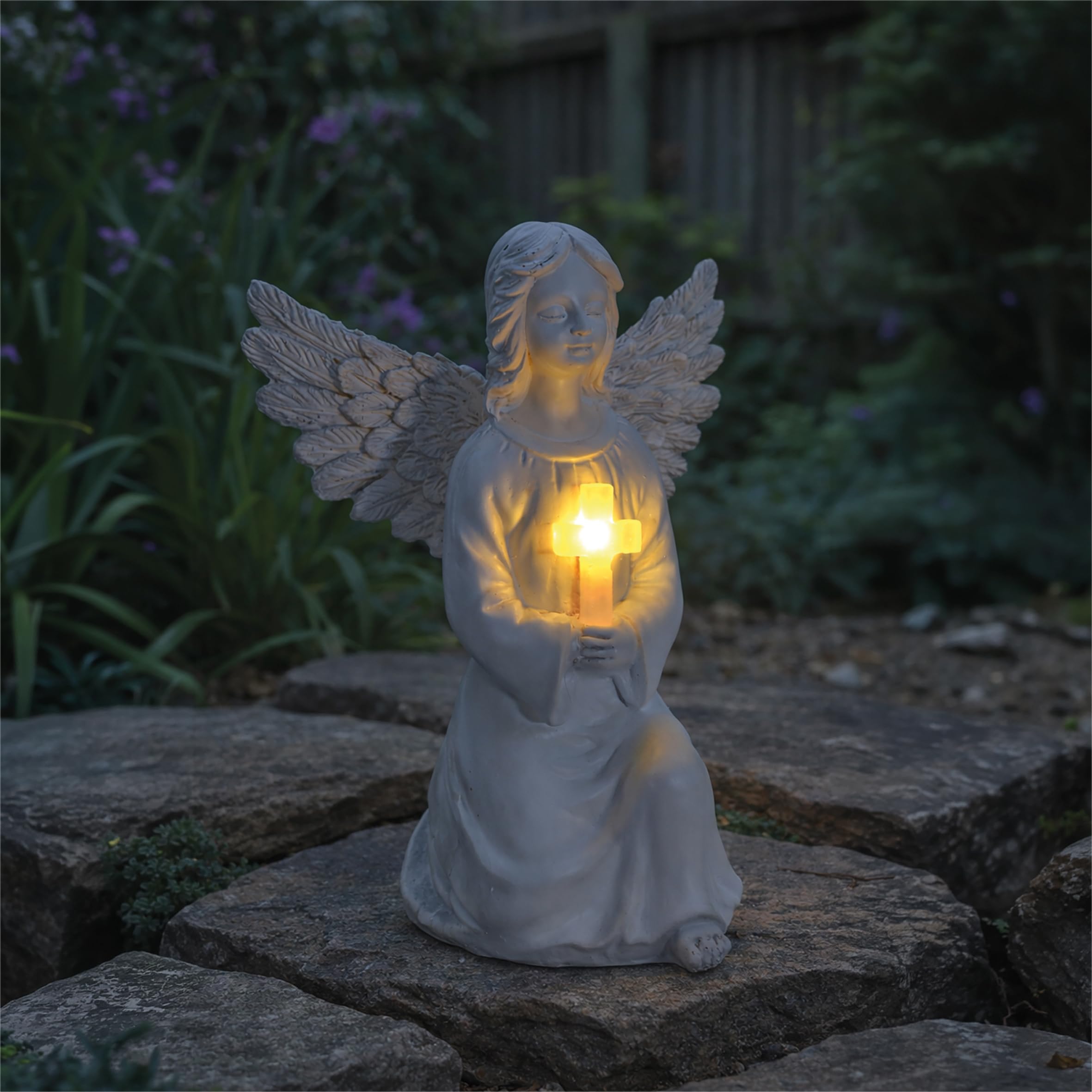 Bestfor White And Yellow Buying Led Solar Powered Garden Resin Angel With Illuminated Cross Waterproof Lamp Light Figurine Statue For Outdoor Use In Cemeteries, Gardens, Lawns And Porches