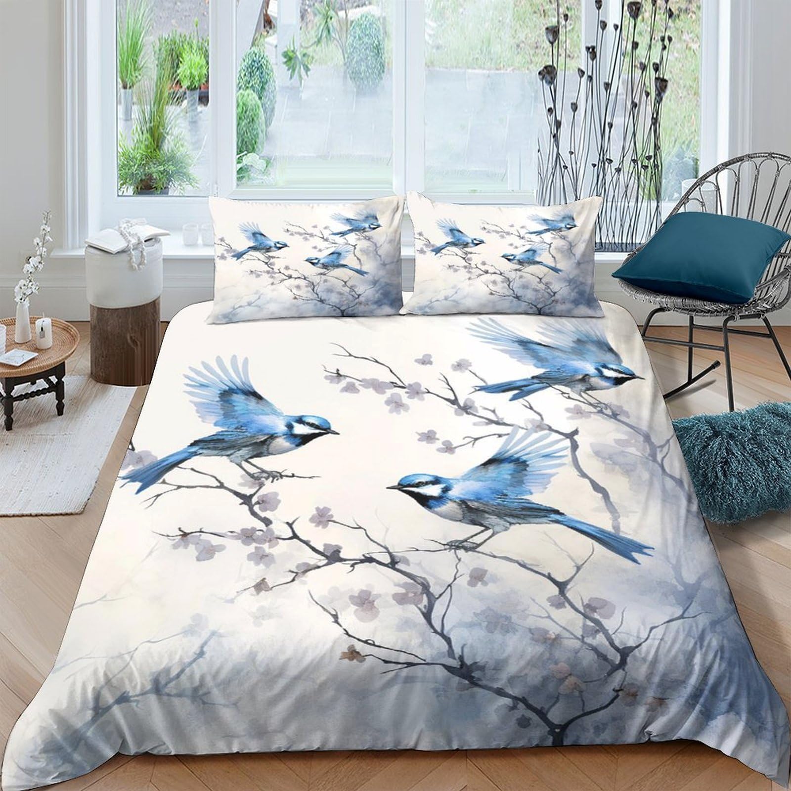 Ctjqhvkz Style-2 3D Printed Blue Bird Branch Fitted Sheet Microfiber Anti-Slip Bed Sheet For Bedroom Guest Room Decor Easy Care Single（135X200cm）