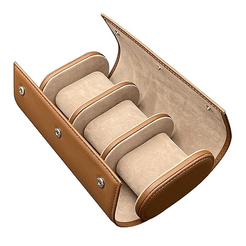 Leather Watch Case 3 slots for men Watch Roll Travel Case Storage Organizer & Display Watch accessory Luxury Velvet interior Multi color (Brown