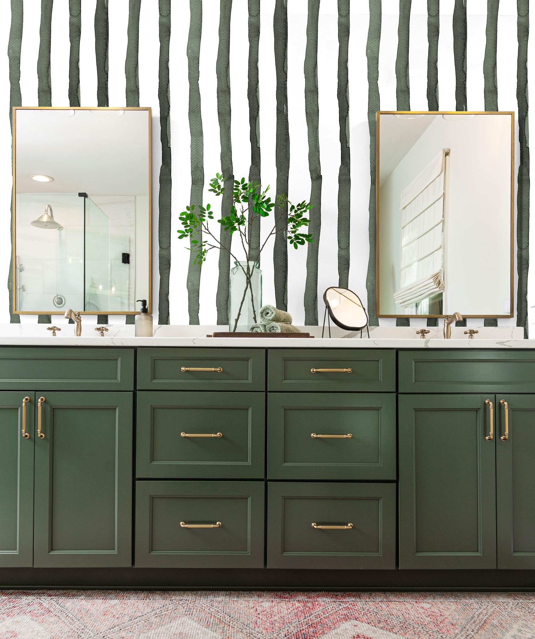 Green Striped Wallpaper, 44.5 x 1000 cm Green and White Wallpaper Geometric Retro Wall paper Peel and Stick Wall paper Self Adhesive Furniture Wrap for Living Room,Bedroom,Bathroom,Drawer,Cabinets