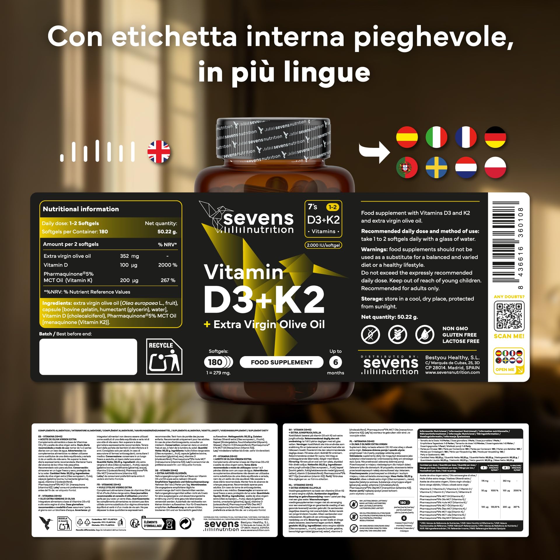 Vitamina D3 K2 - Alto Dosaggio y Assorbimento - Vitamina D3 2.000 U.I. e 100 µg di Vitamin K2 MK7 per Sistema Immunitario, Ossa e Denti - Con Olio Extravergine di Oliva - 180 Softgel Senza Glutine