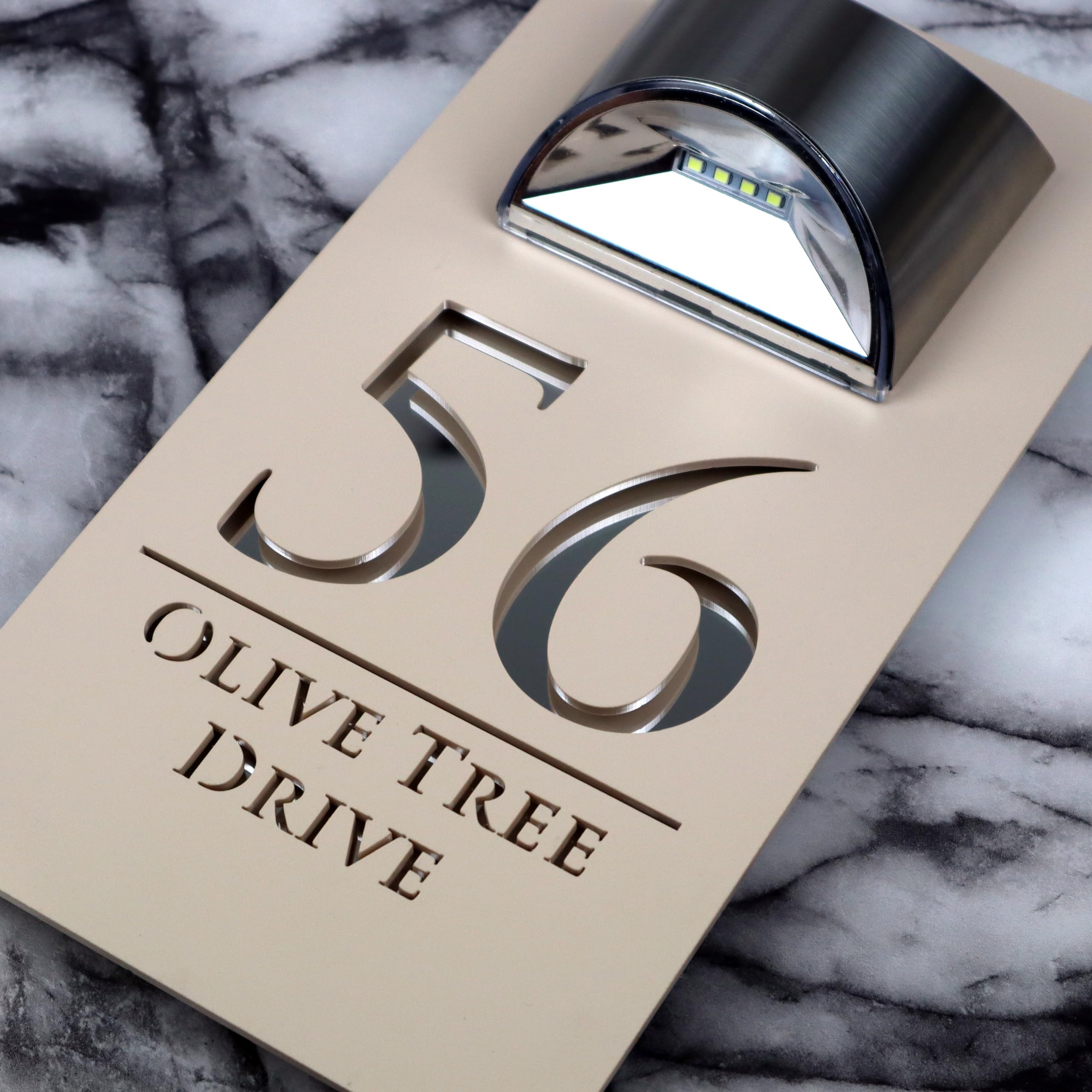 K Smart Sign | Bellissima LED F32 | Contemporary House Signs Plaques Door Numbers 1-9999 Street Name SOLAR LIGHT LED For Wall Personalised Laser Cut Mirror! (Matt Khaki Cream & Silver Mirror) — image 1