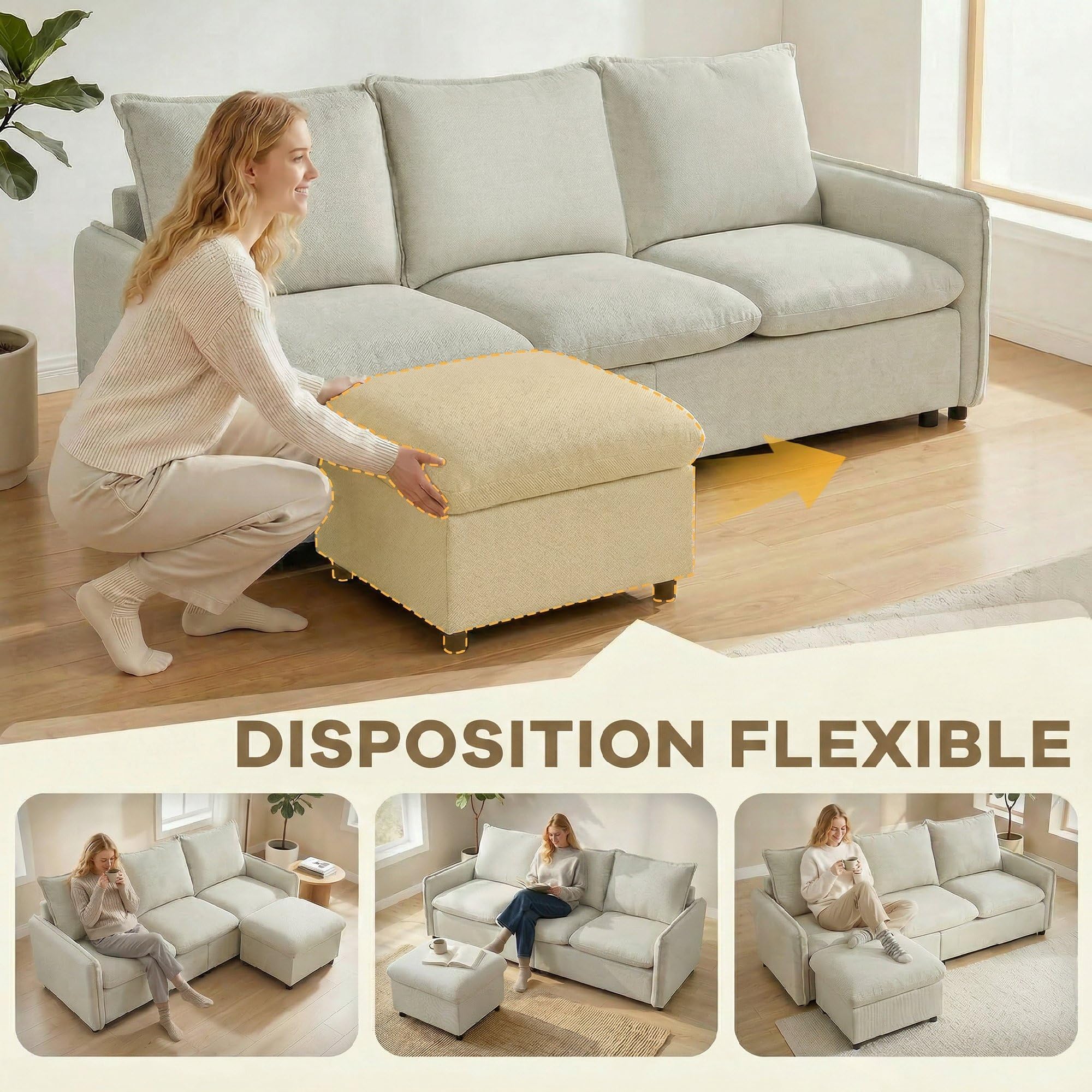 HOMCOM Divano a 3 posti con pouf portaoggetti divano angolare modulabile 212 cm, design moderno seduta imbottita cuscini a molle tessuto di lino per soggiorno, camera da letto, ufficio, crema