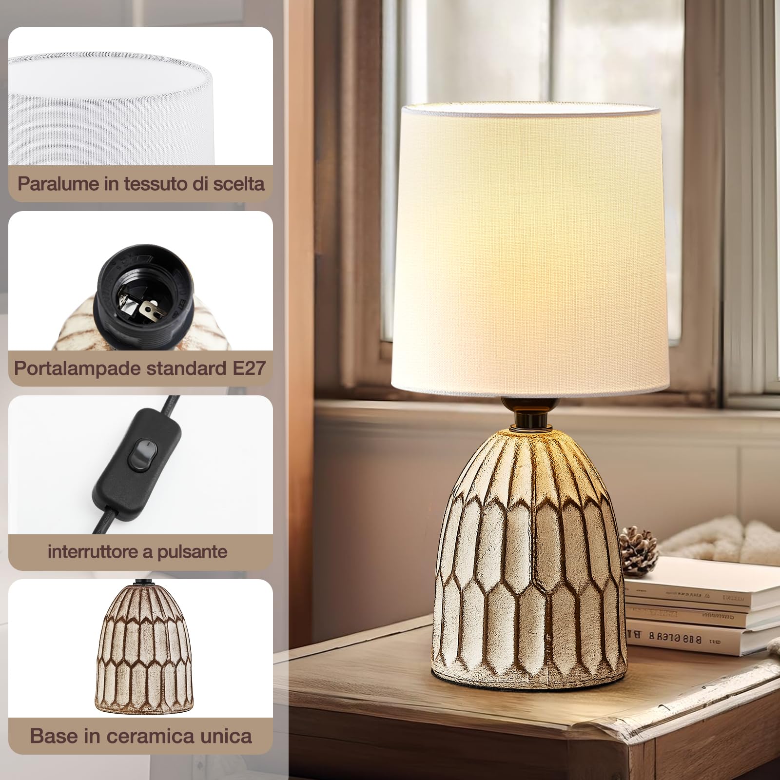 GyroVu Lampada da tavolo in ceramica set di 2, lampada boho per comodino, piccola lampada da notte con base in ceramica e paralume in tessuto per la decorazione di camere da letto e soggiorni