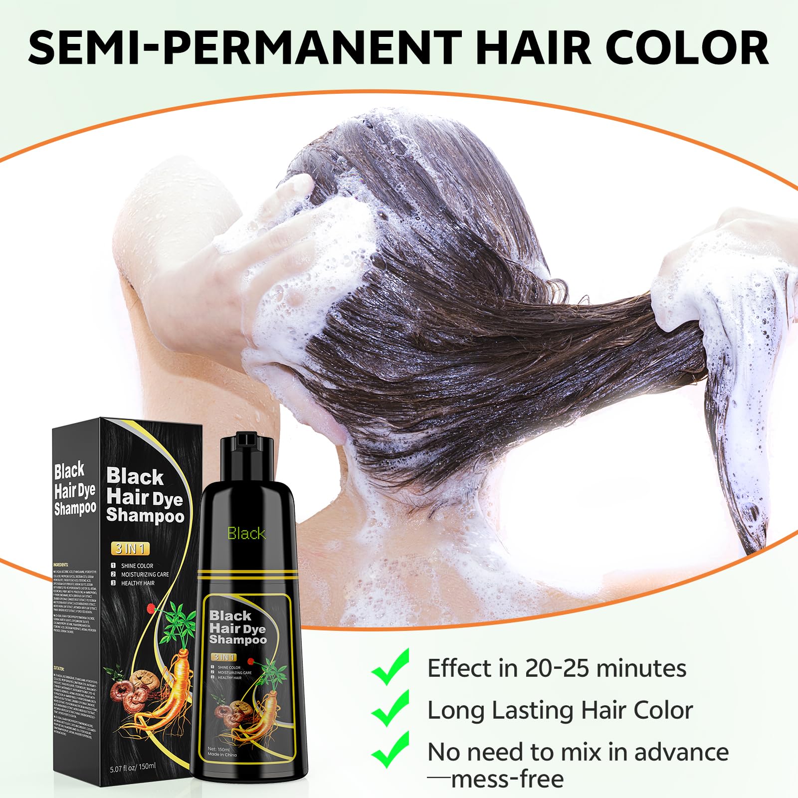 JUANCHI Black Hair Dye Shampoo 3 in 1, 150ML Hair Dye Shampoo for Women Men