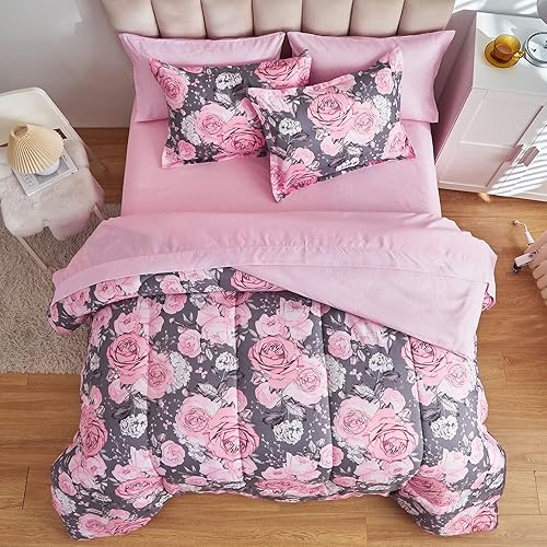 Miniatura 3 de Juego de sábanas de edredón de flores, color gris, cama en una bolsa, juego de ropa de cama reversible de 7 piezas tamaño King de microfibra floral