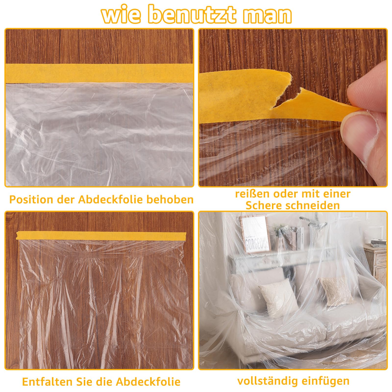 HASKYY 60 M Di Pellicola Di Copertura Con Nastro Adesivo 55 Cm + 140 Cm + 270 Cm Con Nastro Dorato 25 Mm X 50 M – 82 Mq – Set Di 4 Pellicole - Foto 7