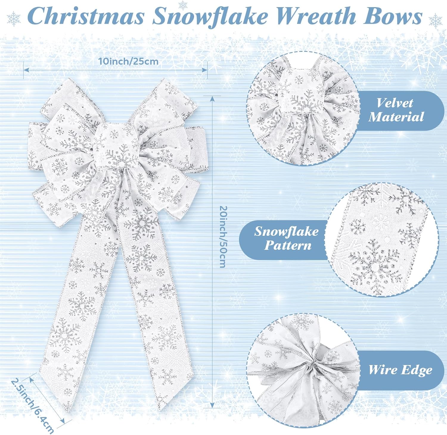 Unittype 6 Pcs Large Christmas Bow with Snowflake 10 x 20 Velvet Wired Ribbon Bows Christmas Tree Topper Bow Xmas Craft Bows for Wreath Xmas Party Indoor Outdoor Home Decoration(Polyester,White)