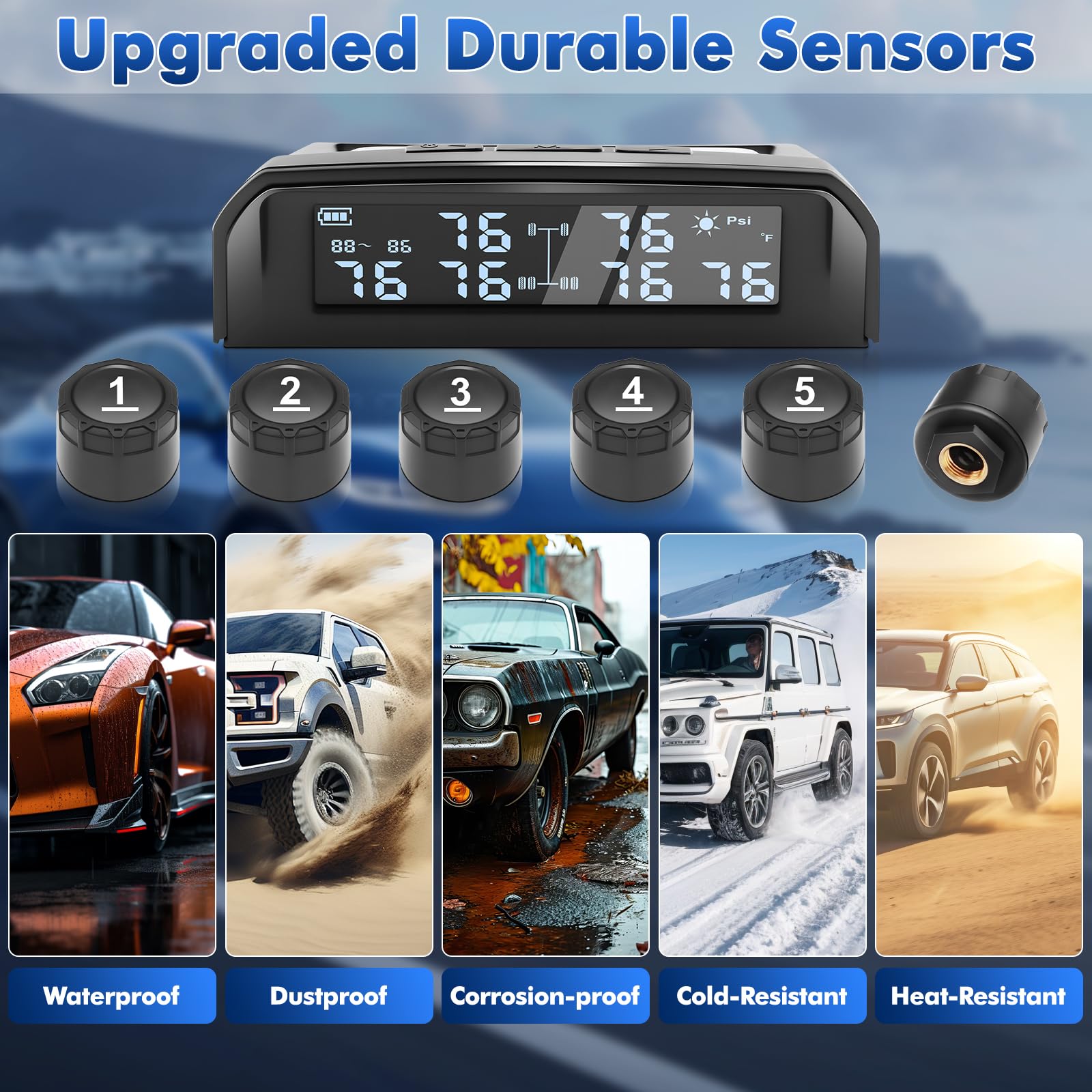 TPMS - Sistema de monitorización de la presión de los neumáticos con carga solar y USB con 6 sensores de presión de neumáticos, 5 modos de alarma, apto para coche, camión, caravana de 0 a 9,9